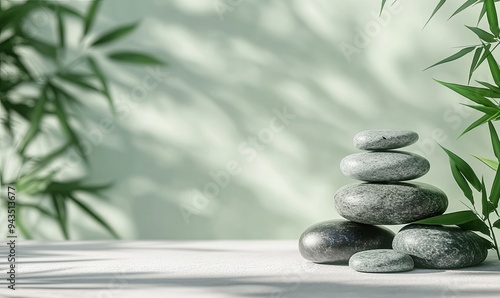 Stacked spa stones with bamboo leaves on a white surface with green background.