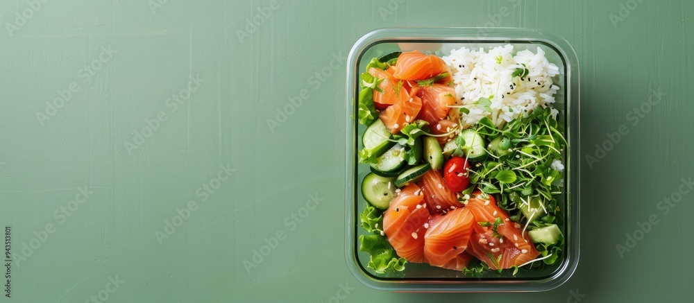 Glass container with a fresh salad salmon and rice on a green surface viewed from above with space for text in a charming copy space image Glass container with a fresh salad salmon and rice on a green surface viewed from above with space for text in a charming copy space image