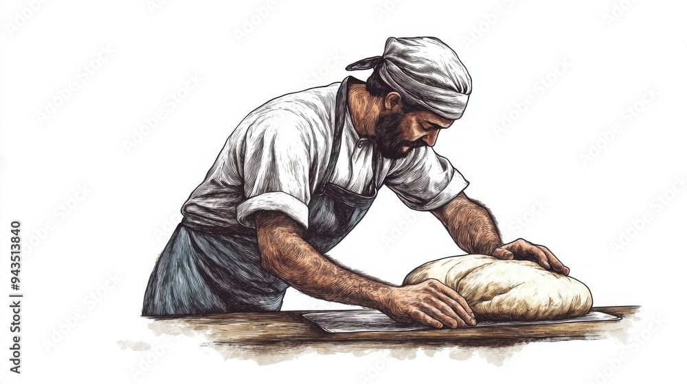 A baker kneading dough, bakery element, handdrawn illustration, rustic style, isolated on white background A baker kneading dough, bakery element, handdrawn illustration, rustic style, isolated on white background