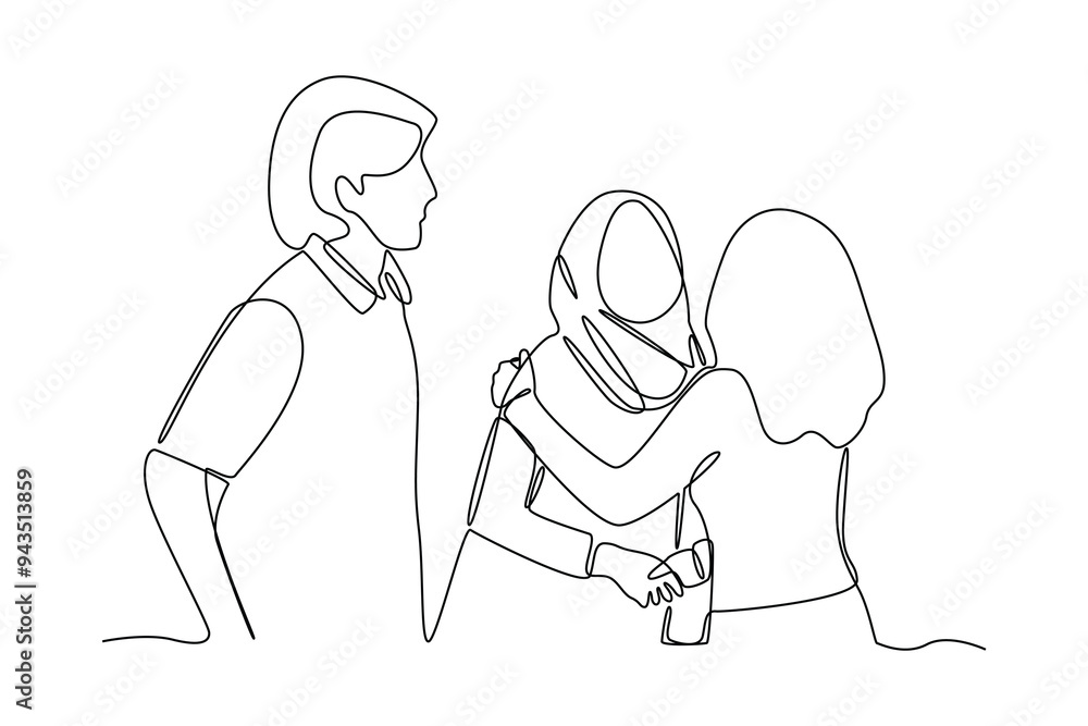 Continuous one line drawing of two women greet each other and hug each other and one manr. Happy friendship day with family and diserve people. Friendship minimalist concept. Single line draw design v Continuous one line drawing of two women greet each other and hug each other and one manr. Happy friendship day with family and diserve people. Friendship minimalist concept. Single line draw design v