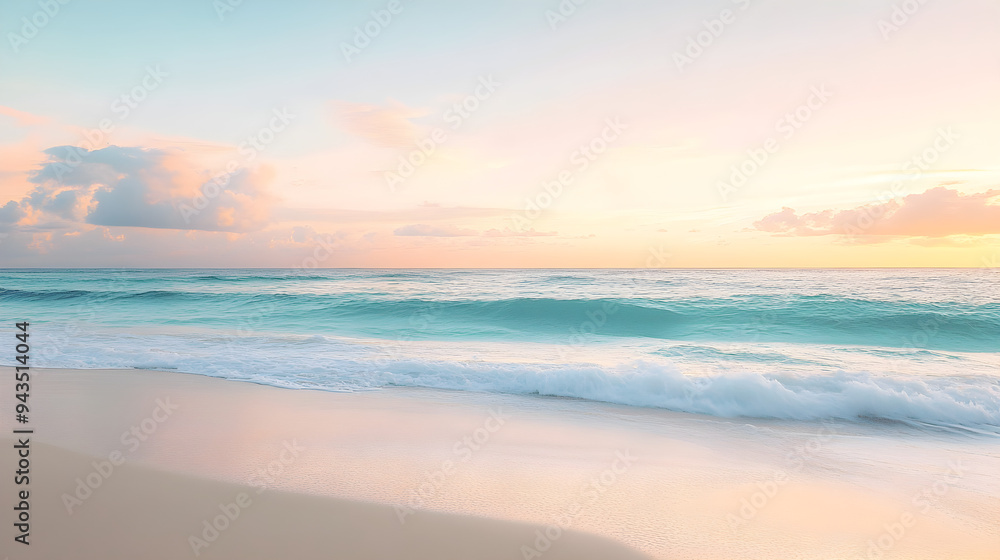 A serene beach at sunrise features soft waves gently lapping at the shore under a pastel sky with clouds reflecting morning light A serene beach at sunrise features soft waves gently lapping at the shore under a pastel sky with clouds reflecting morning light