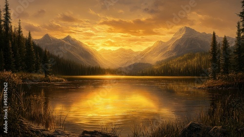 Tranquil sunset scene with golden light illuminating the mountains and casting reflections on a serene lake.