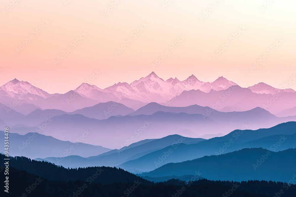 Obraz premium Photograph of a mountainous landscape, with a soft, hazy effect and a pastel color palette.