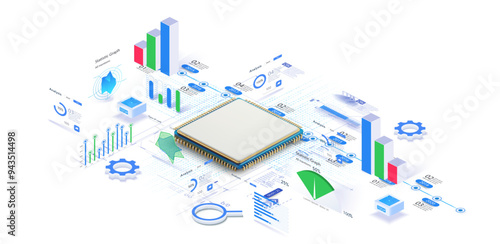 Complex Microchip Data Display Vector Illustration. CPU microchip components of circuit technology. Electronic processor.