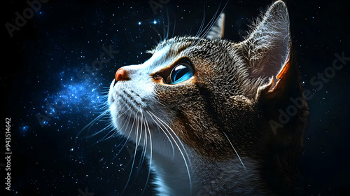 A cat looking up at a starr...