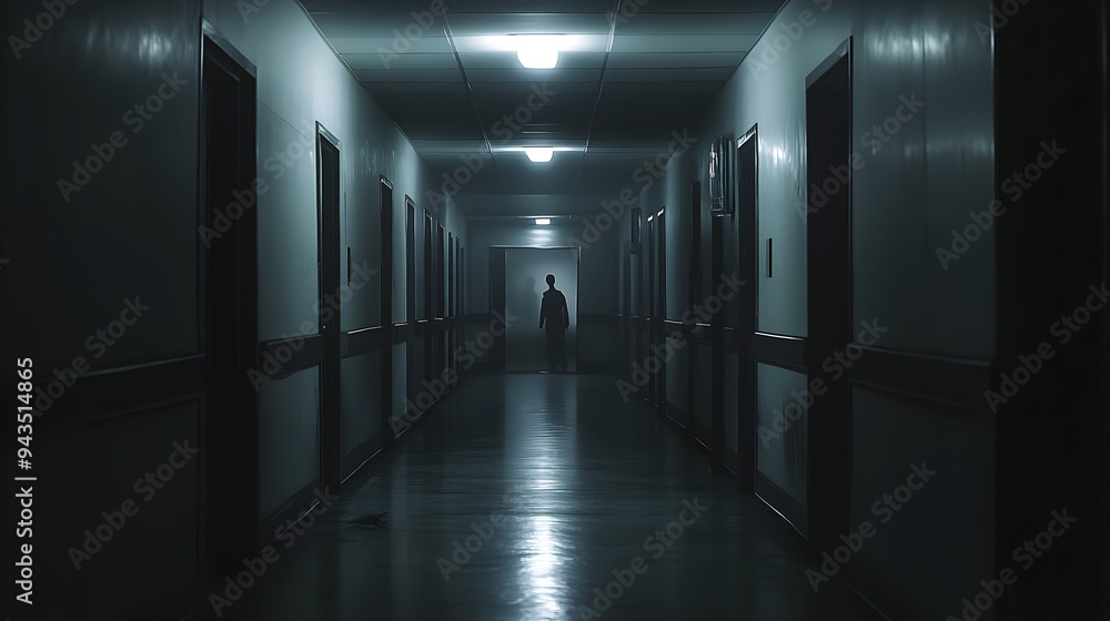 A spooky abandoned hospital features dark, eerie hallways with a shadowy figure standing at the end illuminated by dim lights A spooky abandoned hospital features dark, eerie hallways with a shadowy figure standing at the end illuminated by dim lights