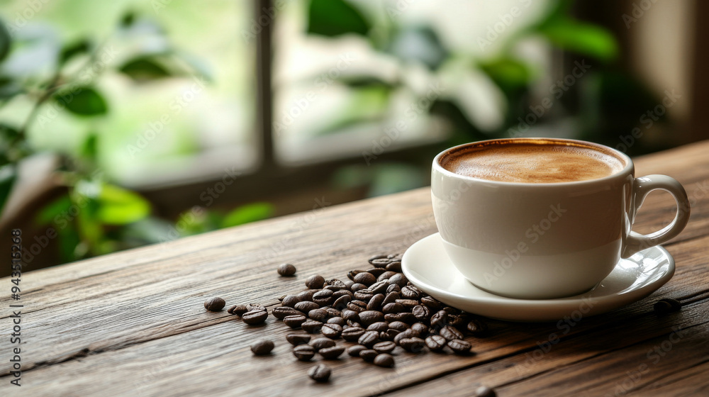 Freshly brewed coffee with coffee beans on a wooden table Freshly brewed coffee with coffee beans on a wooden table