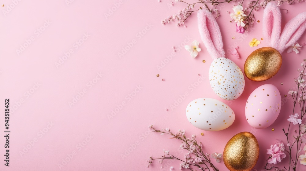 Easter Eggs and Flowers on Pink Background Easter Eggs and Flowers on Pink Background