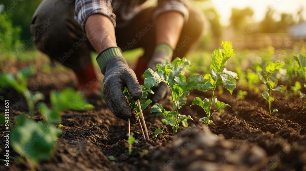 Naklejka premium A dedicated farmer tends to his vegetable garden at sunrise, cultivating crops in a serene, natural setting, symbolizing hard work and sustainable agriculture..