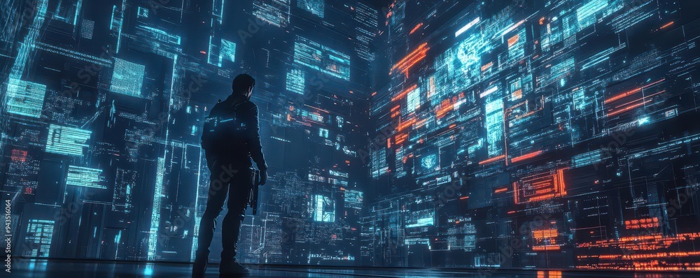 A cyberpunk hacker with a holographic interface, breaking into a virtual fortress guarded by advanced AI A cyberpunk hacker with a holographic interface, breaking into a virtual fortress guarded by advanced AI
