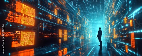 Wallpaper Mural A digital world where firewalls are represented as glowing walls of light, and a hacker is searching for a weakness Torontodigital.ca