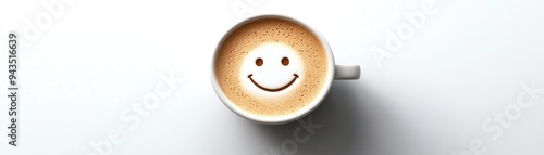 A coffee cup with a smiley face foam art, coffee element, 3D illustration, playful and fun, isolated on white background photo