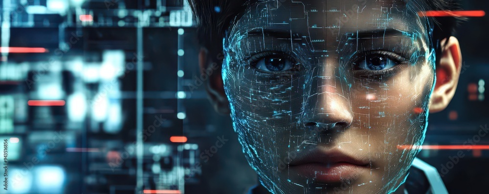 A hacker creating a digital clone to bypass facial recognition security, in a futuristic and hightech environment A hacker creating a digital clone to bypass facial recognition security, in a futuristic and hightech environment