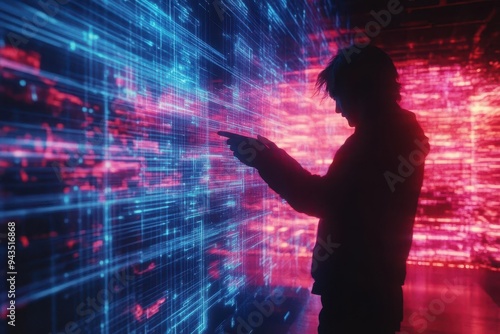 A hacker manipulating a complex, holographic security system, creating a digital tunnel through firewalls