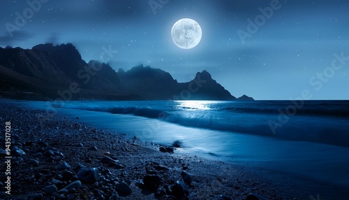 a photography of a night rocky beach with a moon in the mountains in the background luminoscent blue waves with clouds and shine generative ai