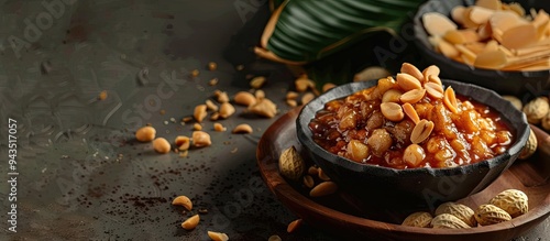 Gipang a traditional Indonesian snack from Banten consists of sticky rice topped with brown sugar and peanuts providing a sweet and crunchy treat Includes copy space image photo