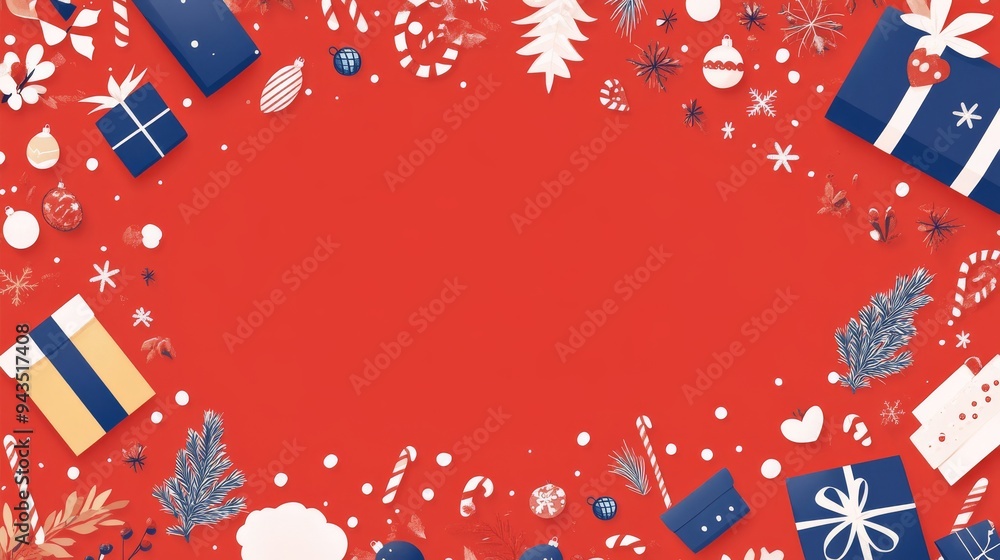 Naklejka premium Festive Christmas Vector Illustration with Traditional Elements on Red Background for Holiday Greeting Card Design