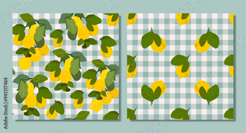 Lemons gouache flat illustration seamless patterns set. Green leaves and lemons isolated on cute checkered  background for wrapping paper, wallpaper, fabric.