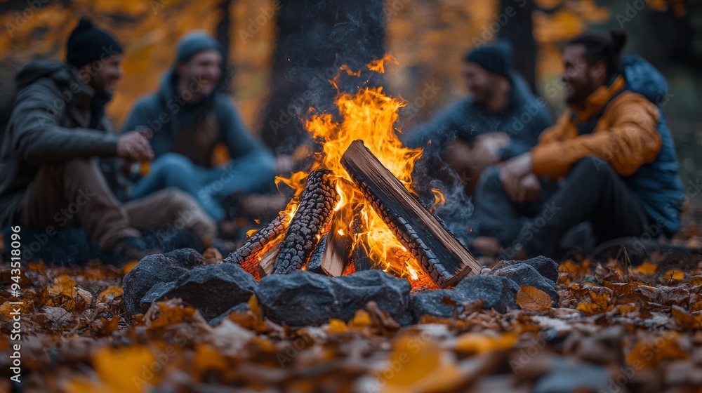 Friends enjoying an autumn evening gathered around a warm bonfire surrounded by colorful leaves Friends enjoying an autumn evening gathered around a warm bonfire surrounded by colorful leaves