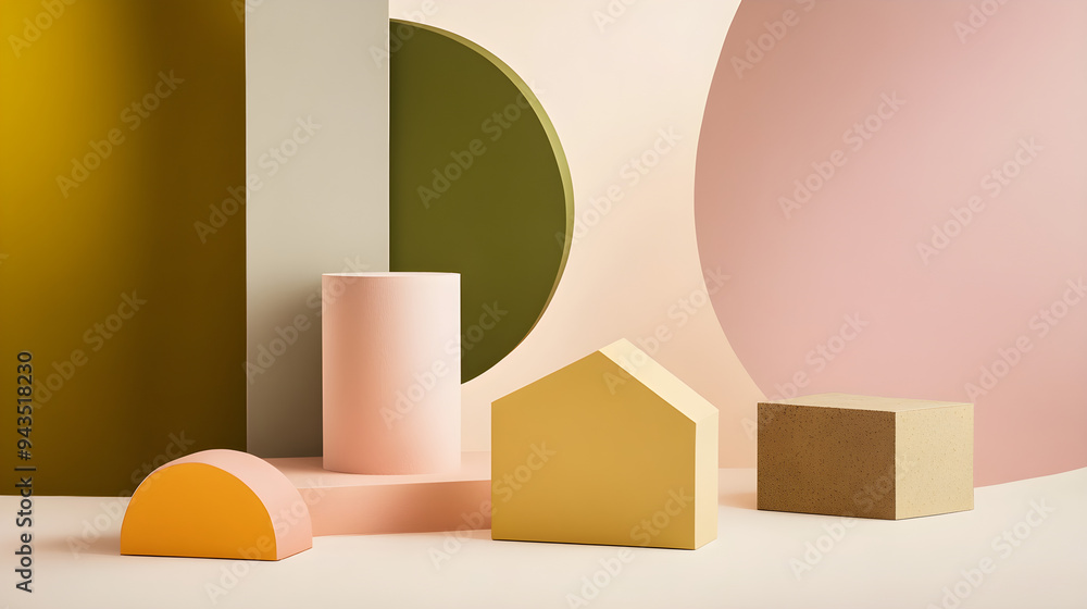 Soft geometric shapes in khaki, pink, and mustard yellow arranged harmoniously, creating a modern and minimalist composition with a warm color palette Soft geometric shapes in khaki, pink, and mustard yellow arranged harmoniously, creating a modern and minimalist composition with a warm color palette