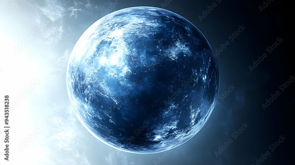 A celestial body with a blue and white surface, surrounded by a dark space with white and blue nebula.
