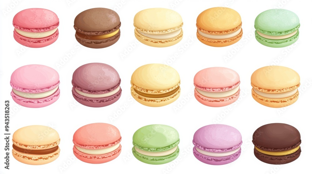 A selection of macarons, bakery element, flat design, pastel colors, isolated on white background