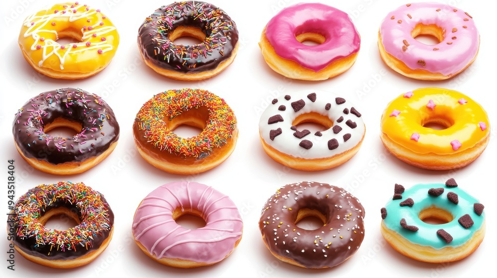 A variety of doughnuts with icing, bakery collection, flat design, vibrant colors, isolated on white background A variety of doughnuts with icing, bakery collection, flat design, vibrant colors, isolated on white background
