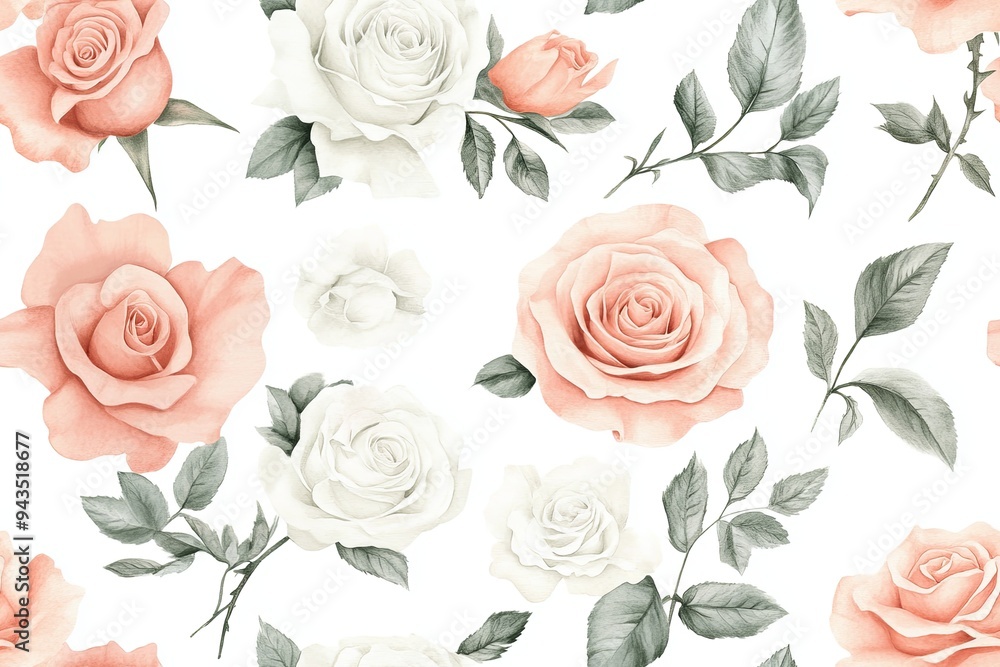 Seamless pattern of white and pink roses with green leaves on a white background. Seamless pattern of white and pink roses with green leaves on a white background.