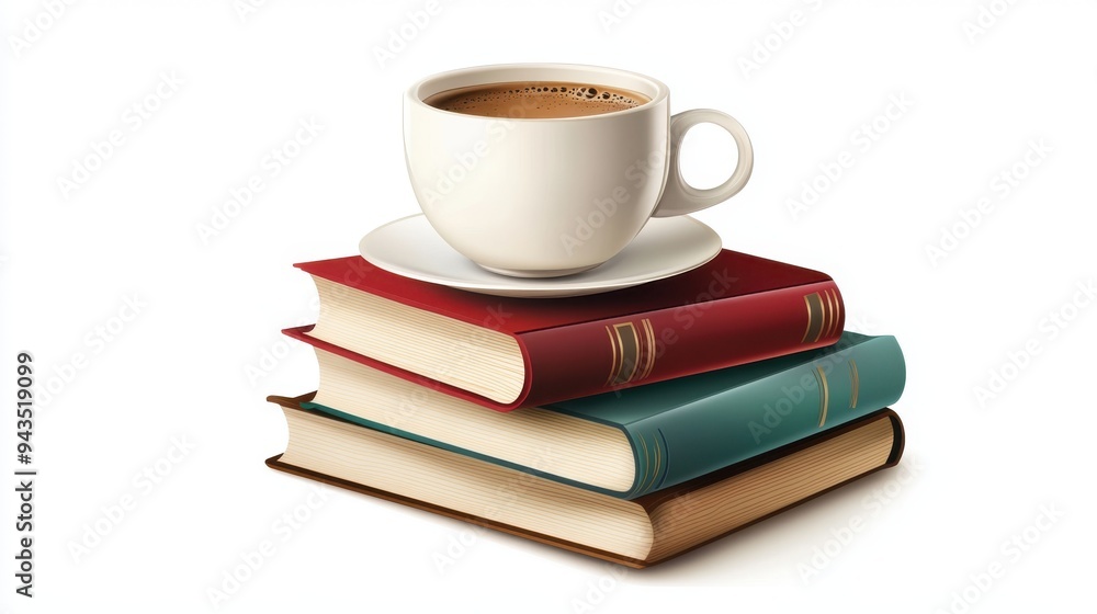 A coffee cup with a stack of books, lifestyle element, realistic style, intellectual and cozy, isolated on white background A coffee cup with a stack of books, lifestyle element, realistic style, intellectual and cozy, isolated on white background