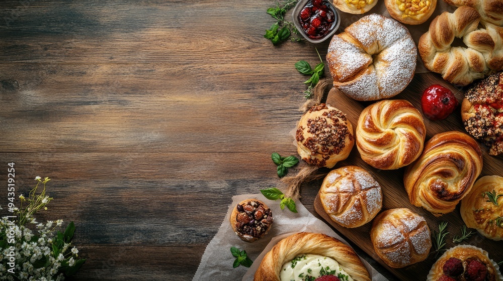 A selection of freshly baked goods, including savory and sweet pastries, on a wooden table, with a large area for text or a logo to the right A selection of freshly baked goods, including savory and sweet pastries, on a wooden table, with a large area for text or a logo to the right
