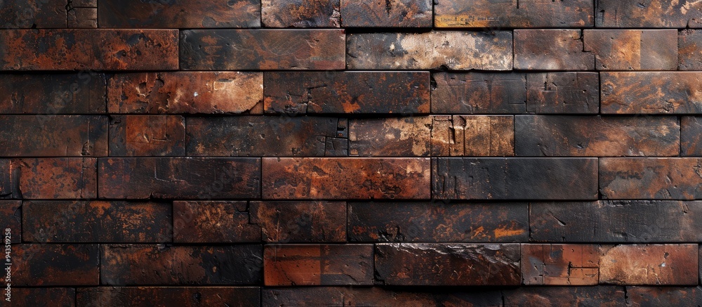 A wall tiled with dark brown brick providing a rustic look against a copy space image A wall tiled with dark brown brick providing a rustic look against a copy space image