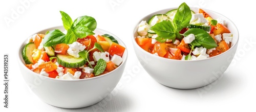 Fresh vegetable salad bowls with cucumber feta cheese on a white background copy space image