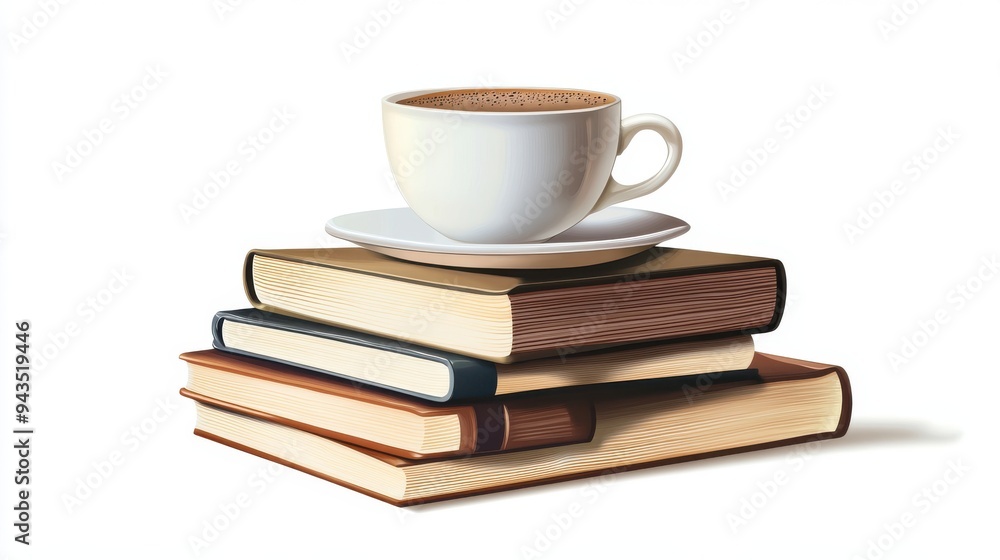 A coffee cup with a stack of books, lifestyle element, realistic style, intellectual and cozy, isolated on white background A coffee cup with a stack of books, lifestyle element, realistic style, intellectual and cozy, isolated on white background