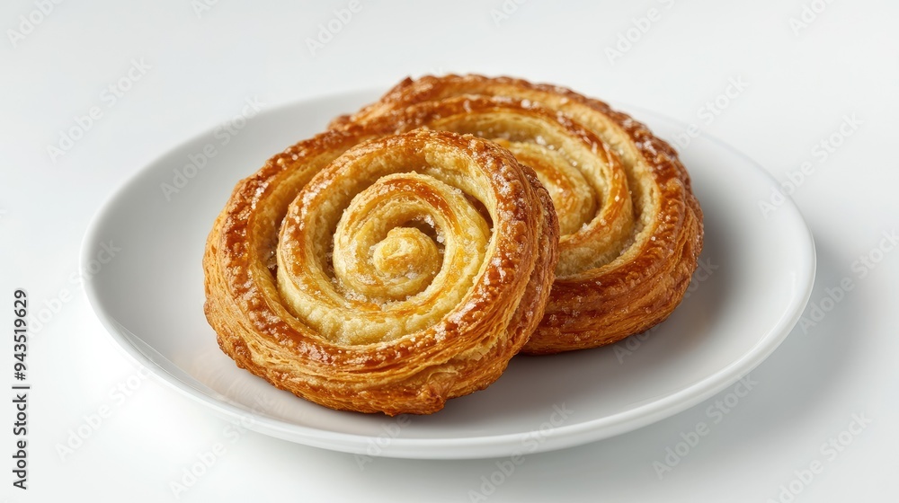 A simple, elegant display of a palmier on a white plate, captured against a pure white background, focusing on the pastryaes intricate spiral design A simple, elegant display of a palmier on a white plate, captured against a pure white background, focusing on the pastryaes intricate spiral design