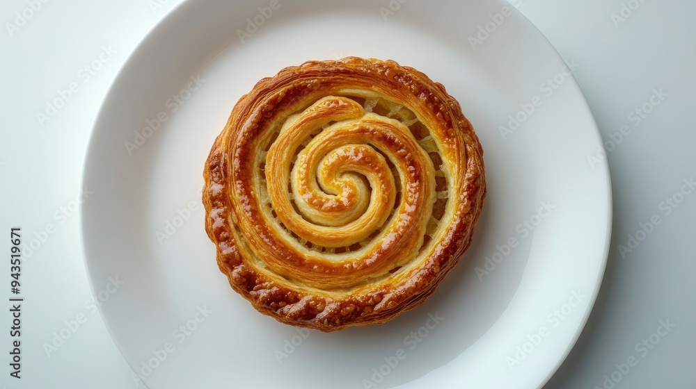 A simple, elegant display of a palmier on a white plate, captured against a pure white background, focusing on the pastryaes intricate spiral design A simple, elegant display of a palmier on a white plate, captured against a pure white background, focusing on the pastryaes intricate spiral design