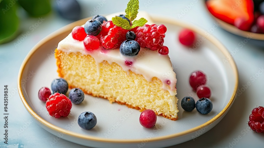A slice of butter vanilla cake topped with glaze and vibrant fresh berries, perfect for breakfast, on a plate. Simple and indulgent. A slice of butter vanilla cake topped with glaze and vibrant fresh berries, perfect for breakfast, on a plate. Simple and indulgent.