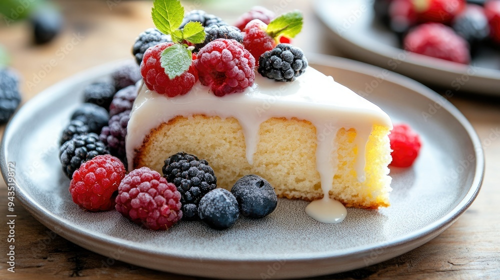 A slice of butter vanilla cake topped with glaze and vibrant fresh berries, perfect for breakfast, on a plate. Simple and indulgent. A slice of butter vanilla cake topped with glaze and vibrant fresh berries, perfect for breakfast, on a plate. Simple and indulgent.