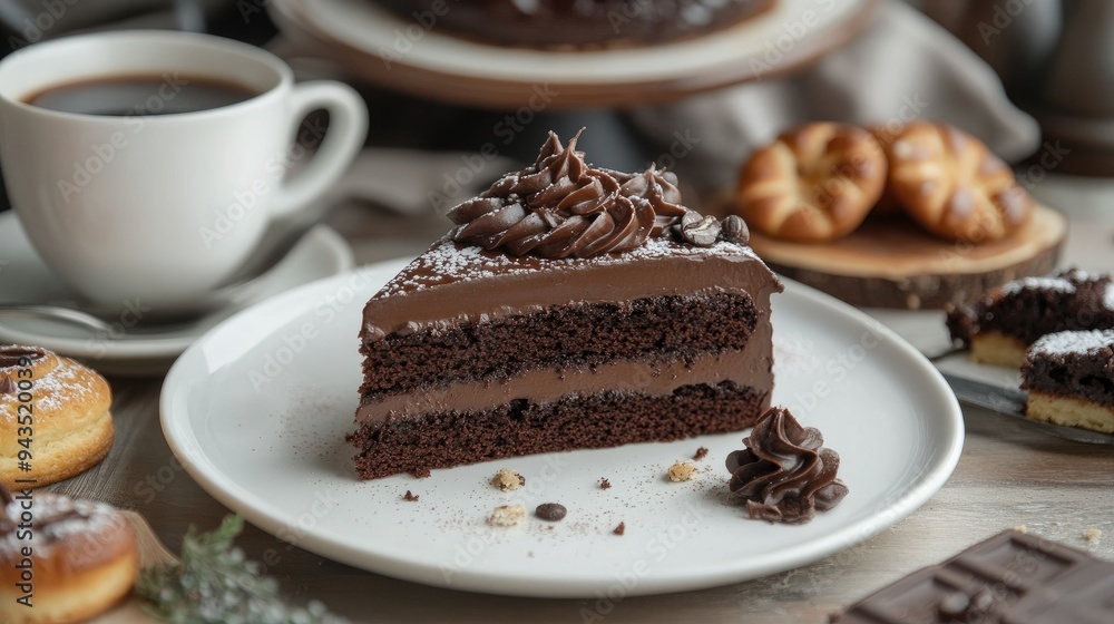 A slice of moist chocolate cake with a creamy topping on a white plate, accompanied by various pastries and a cup of coffee, with a cozy breakfast vibe A slice of moist chocolate cake with a creamy topping on a white plate, accompanied by various pastries and a cup of coffee, with a cozy breakfast vibe
