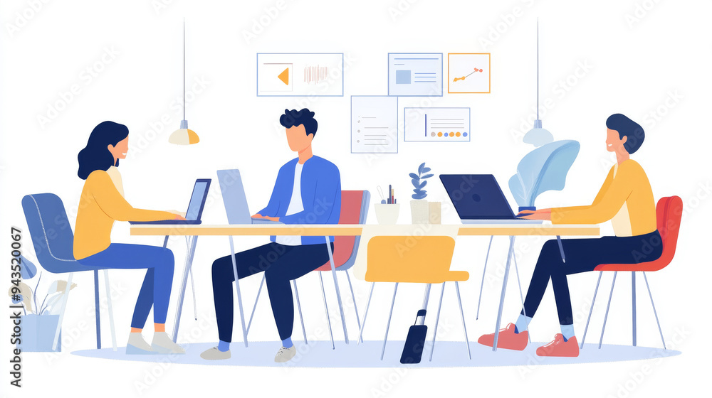 A group of people are sitting at a table with laptops, working together A group of people are sitting at a table with laptops, working together