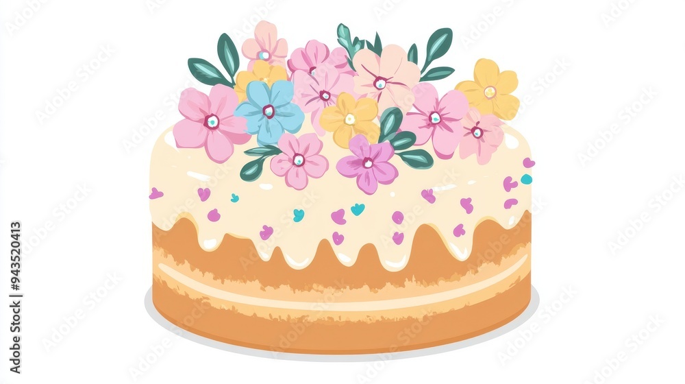 A decorative cake with flowers, bakery element, flat design, pastel colors, isolated on white background A decorative cake with flowers, bakery element, flat design, pastel colors, isolated on white background