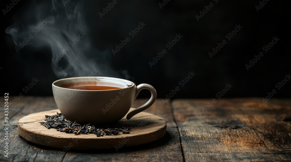 A steaming cup of hot tea with dried tea leaves neatly arranged on a wooden plate, placed on a rustic wooden table, with a dark black background creating a warm, cozy ambiance A steaming cup of hot tea with dried tea leaves neatly arranged on a wooden plate, placed on a rustic wooden table, with a dark black background creating a warm, cozy ambiance