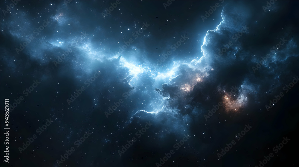 A celestial nebula with swirling clouds of gas and dust illuminated by starlight. A celestial nebula with swirling clouds of gas and dust illuminated by starlight.