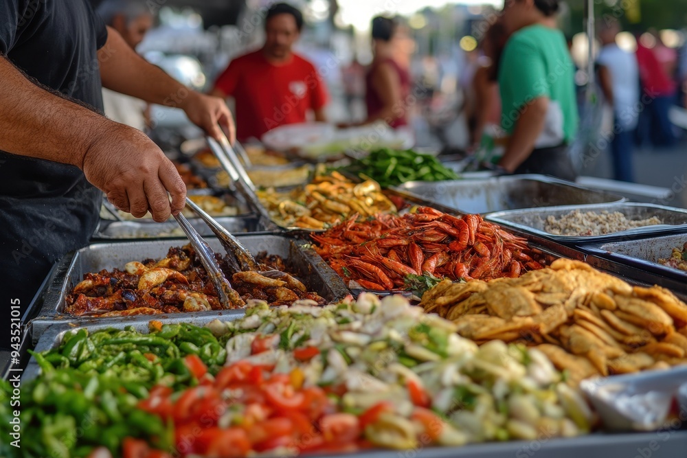 Cultural Food Festival: An outdoor food festival with stands offering various Hispanic delicacies, with people sampling food and enjoying the cultural experience. Cultural Food Festival: An outdoor food festival with stands offering various Hispanic delicacies, with people sampling food and enjoying the cultural experience.