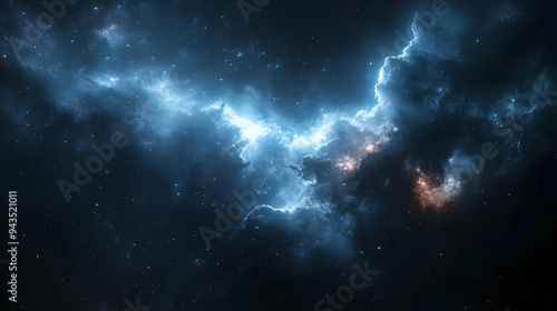 A celestial nebula with swirling clouds of gas and dust illuminated by starlight.