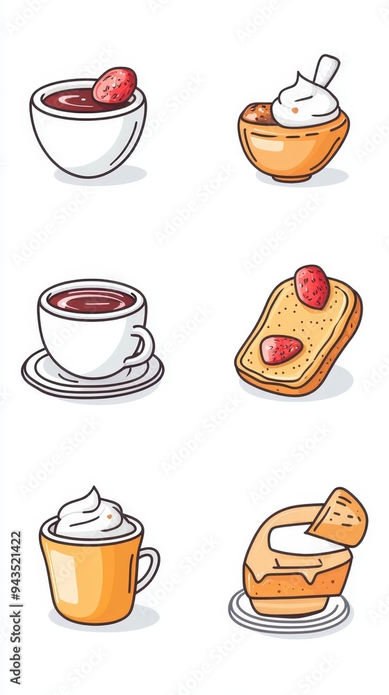 Obraz premium Explore a fresh collection showcasing clean line drawings of breakfast items, including coffee, yogurt, and pastries, perfect for morning inspiration