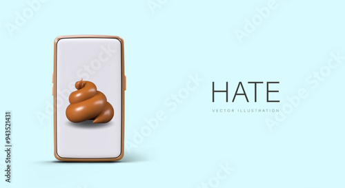 3D phone with poop on screen. Offensive content. Concept of cyber bullying, hatred