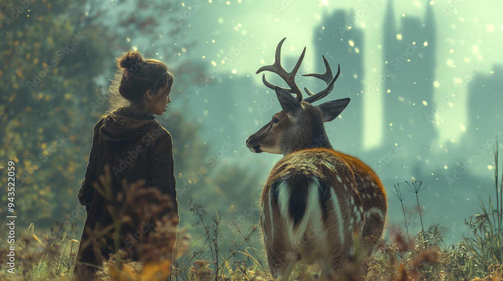 Young woman and deer facing distant city in misty setting. Young woman and deer facing distant city in misty setting.