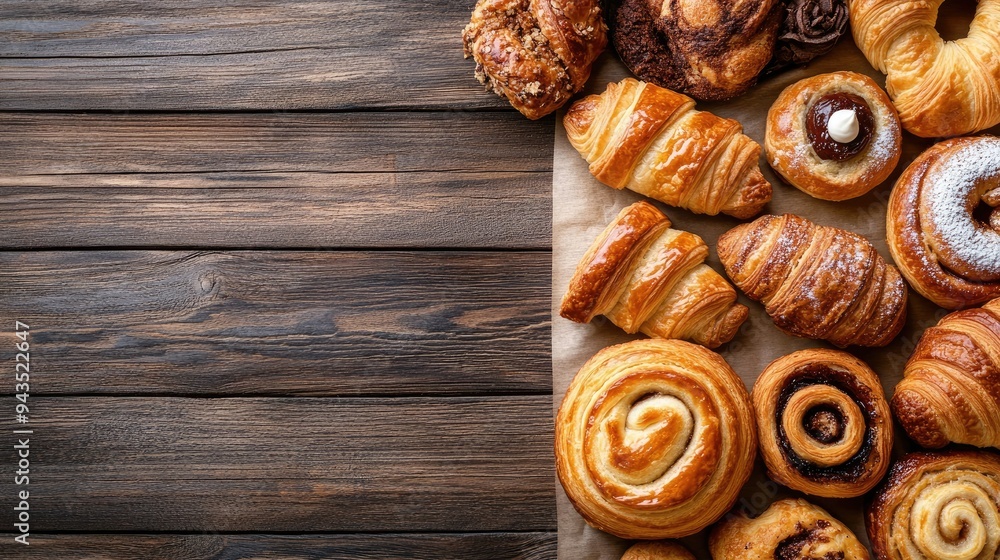 A variety of golden-brown pastries, from flaky croissants to sweet cinnamon rolls, displayed on a wooden table, with space on the right for text or branding A variety of golden-brown pastries, from flaky croissants to sweet cinnamon rolls, displayed on a wooden table, with space on the right for text or branding