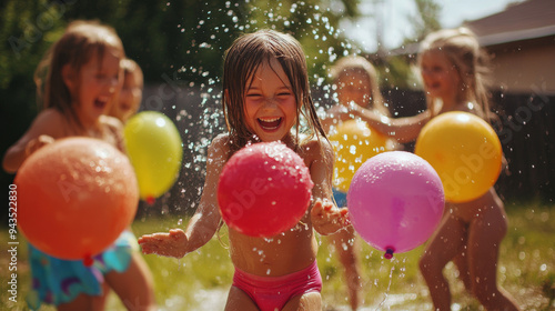 Fototapeta Naklejka Na Ścianę i Meble -  Happy children playing with water balloons in the yard