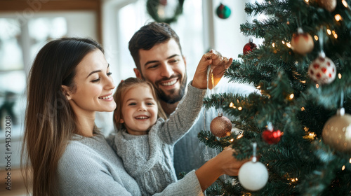 Happy family decorating a Christmas tree together